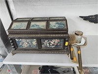 Vintage music box and dresser items