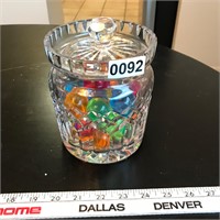 Cut glass jar and lid with acrylic balls