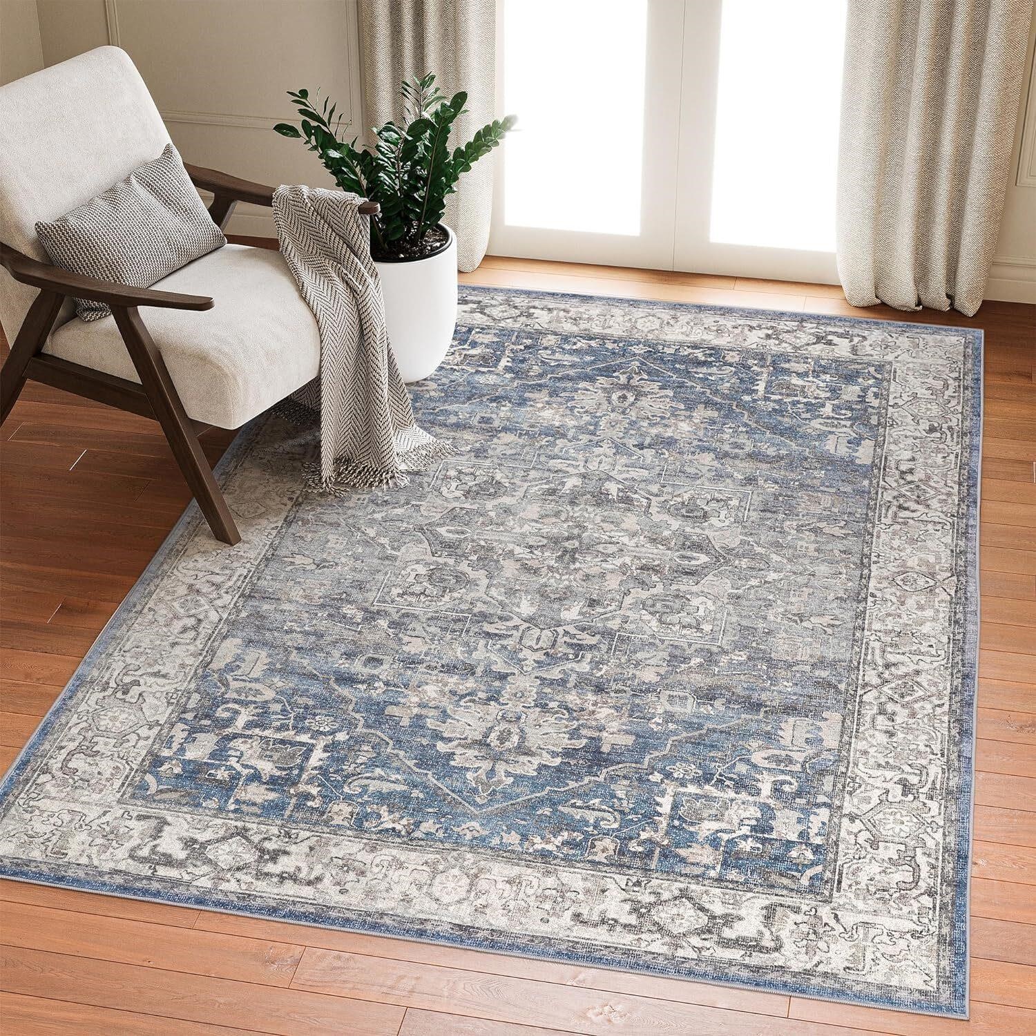 Area Rug 5x7 - Ultra Thin Washable Rug  Blue