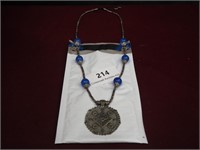 Designer Blue Stone and Engraved Pendant Necklace