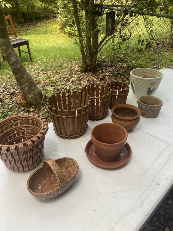 Wooden baskets and one ceramic Comanche pottery