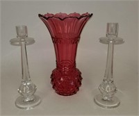 Three Pieces of Glassware - Vase, Candlesticks