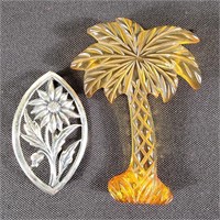 Bakelite Palm & Silver Tone Floral Pin (2)