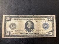 Twenty dollar blue seal Federal Reserve note.