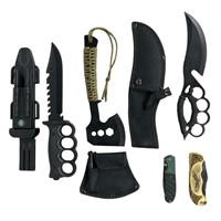 Lot of Survival Knives & Axe with Pocket Knives