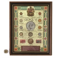 Pièces de monnaie et timbres encadrés George VI