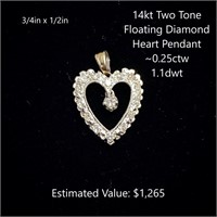 14kt Two Tone Floating Diamond Heart Pendant