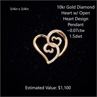 10kt Diamond Heart w/ Open Heart Design Pendant