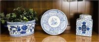 3 Blue Pottery, Planter, Jar with Lid, and Plate,