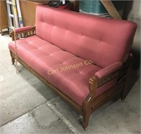 ANTIQUE WOOD & UPHOLSTERED RED SOFA ON CASTERS