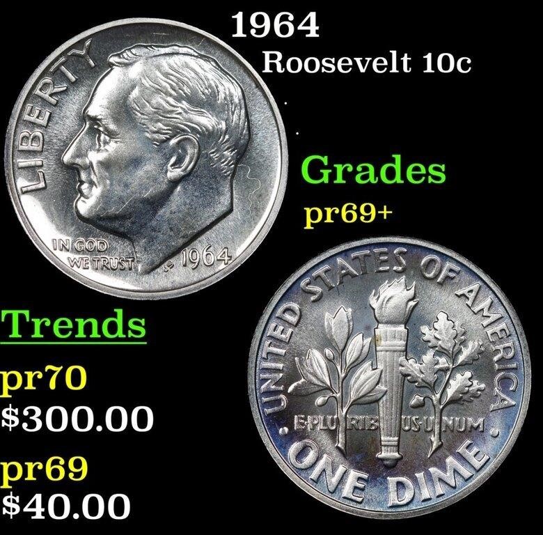 Proof 1964 Roosevelt Dime 10c Grades GEM++ Proof