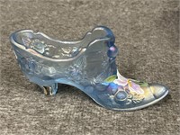 Signed Fenton Blue 5.5" Floral Hand Painted Shoe