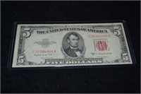 1953B $5 Red Seal Note, AU, Crisp and Clean