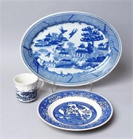 Ironstone Platter, Willow Ware Plate & English Cup