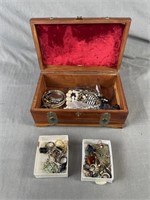 Vintage Wood Box With Vintage & Costume Jewelry