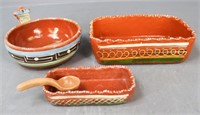 Mexican Redware Pottery Serving Pieces / 3 pc