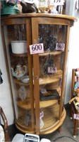 PINE CURVED GLASS LOCKING CURIO CABINET WITH 3