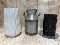 Galvanized Milk Jug, Black Gold & White Vases