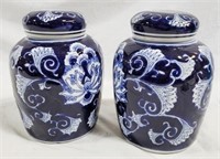 Pair blue & white 8" ginger jars