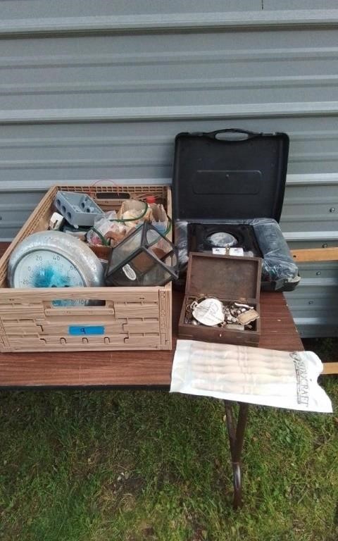 New camping cook top & box of miscellaneous