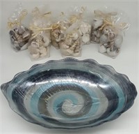 (FW) Grey ,Blue glass swirl Bowl with seashells.
