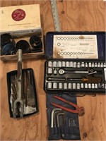 Box of tools - socket sets, chisels, saw hole set