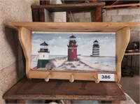 WOOD LIGHTHOUSE SCENE 3 PEG COAT RACK