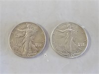 2 1942 Walking Liberty Silver Half Dollar Coins