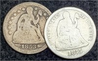 (2) Seated Liberty Dimes: 1853 w/ A, 1875