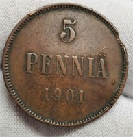 1901 Finland/Russia 5 Pennia Copper Coin