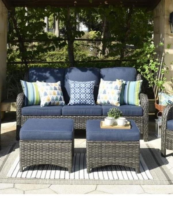 3-Pc Patio Set  Grey Wicker Denim Blue