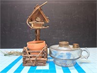 Birdhouse planter & Vintage kerosene lamp base