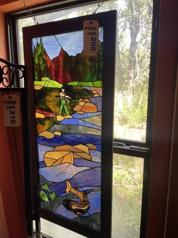 Fishing themed stained glass window 20"Wx43"T