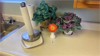 Faux plants, paper towel holder, vase,