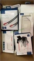 Box of phone cases, audio cables, fitness arm