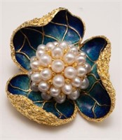 Corletto Italy 18K Gold & Pearl Flower Brooch.