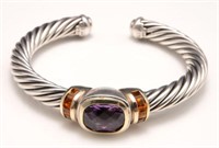 David Yurman Sterling, 14K, Amethyst Cuff Bracelet