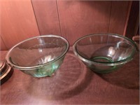 2 green depression glass larger mixing bowls