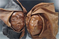 2 AFRICAN HANDSCULPTED FACE LEATHER TRIBAL MASKS