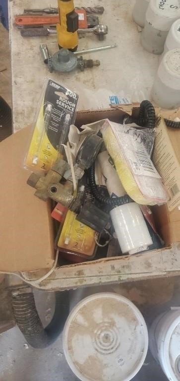 Box of assorted lights , and parts