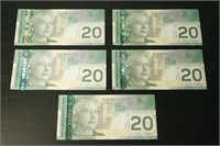 Lot of 5 - 2004 Bank of Canada $20 Bank Notes