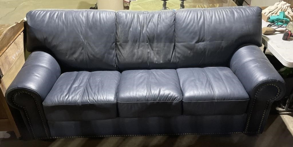 (O) Blue Faux Leather Couch 83” x 38” x 34”