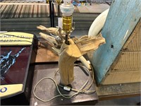 **TABLE LAMP W/STEEL BASE & DRIFTWOOD - WORKS