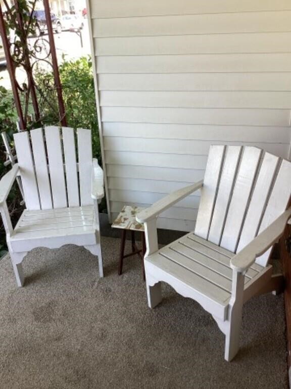 2 wooden chairs a bench and a small table