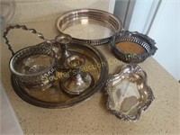Plated & sterling pieces:  candle sticks, trays,