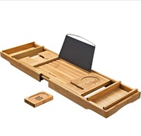 ($45) SONGMICS Extendable Bamboo Bath Tray, with