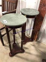 PR OF WOOD W/ GREEN MARBLE TOP PLANT STANDS, 27.5T