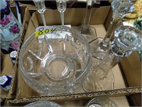 GLASS CANDLEABRAS AND THUMB PRINT BOWL