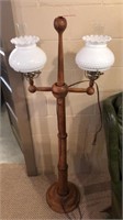 Vintage milk glass shaded wooden lamp post with