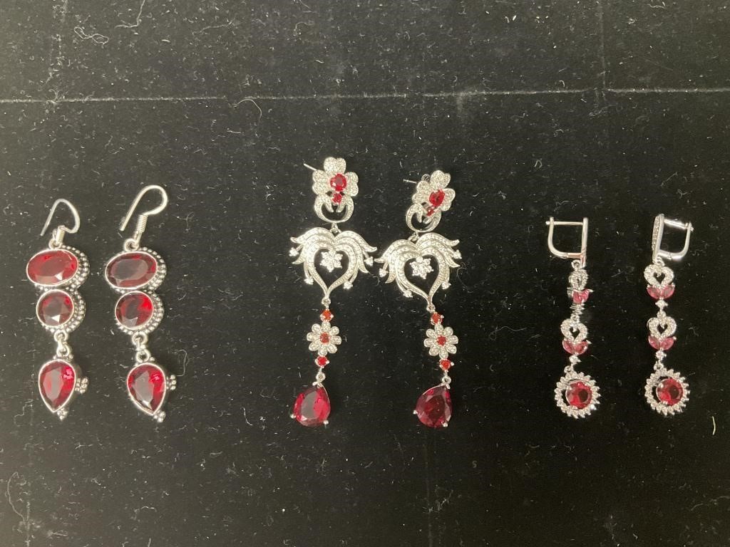 3 Pair Red Garnet Sterling Silver Earrings.